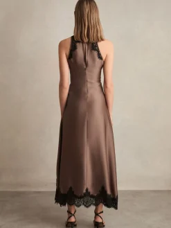 Reiss Anais Satin Drape Lace-Trim Dress Mocha Brown Online