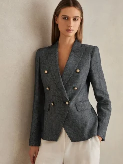 Reiss Navy Baker Linen-Cotton Double-Breasted Blazer Hot