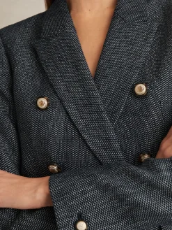 Reiss Navy Baker Linen-Cotton Double-Breasted Blazer Hot