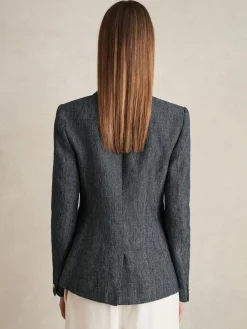 Reiss Navy Baker Linen-Cotton Double-Breasted Blazer Hot