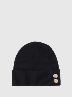 Reiss Navy Bianca Merino Wool Blend Button Beanie With Cashmere Sale