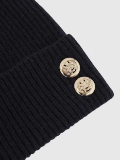 Reiss Navy Bianca Merino Wool Blend Button Beanie With Cashmere Sale