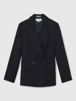 Reiss Haisley Wool Blend Double Breasted Suit Blazer Navy