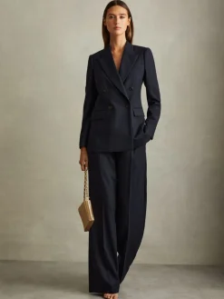 Reiss Navy Hallie Petite Textured Double Breasted Suit Blazer Outlet