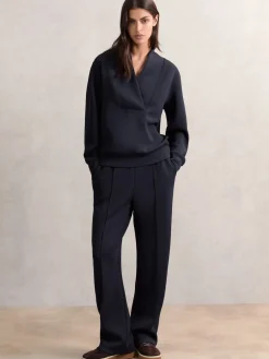 Reiss Jemma Petite Premium Interlock Wide-Leg Joggers Navy New