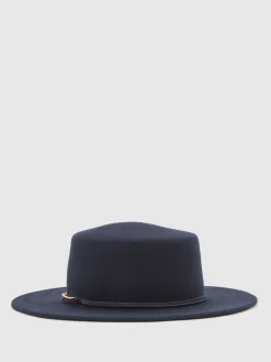 Reiss Navy Lacey Wool Felt Chain-Strap Fedora Hat New