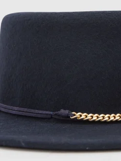 Reiss Navy Lacey Wool Felt Chain-Strap Fedora Hat New