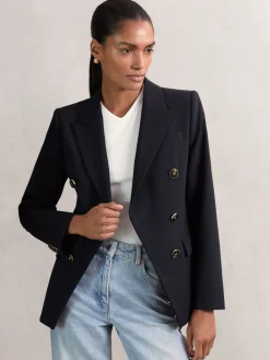 Reiss Lia Wool-Blend Double-Breasted Blazer Navy New