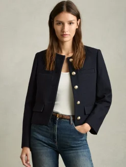 Reiss Navy Nola Cropped Wool Single Breasted Jacket Sale