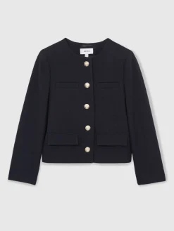 Reiss Navy Nola Cropped Wool Single Breasted Jacket Sale
