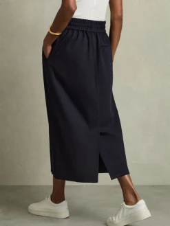 Reiss Navy Nora Wool-Blend Ruched Jersey Midi Skirt Sale