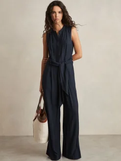 Reiss Navy Raven Wide-Leg Belted Jumpsuit Best