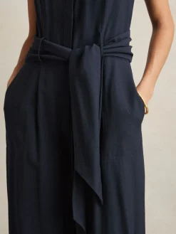 Reiss Navy Raven Wide-Leg Belted Jumpsuit Best