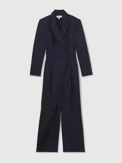 Reiss Navy Rhoda Pinstripe Tailored Wide-Leg Jumpsuit with Wool Outlet