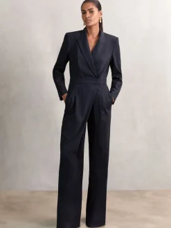 Reiss Navy Rhoda Pinstripe Tailored Wide-Leg Jumpsuit with Wool Outlet