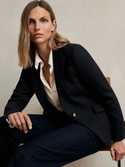 Reiss Navy Wynn Single-Breasted Textured Blazer Wool-Blend Best