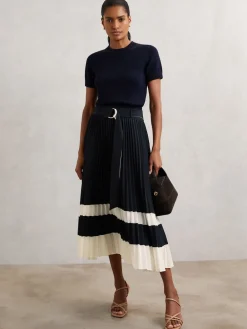 Reiss Navy/Ivory Goldie Belted Pleated Midi Skirt Sale