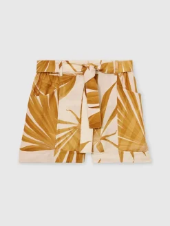 Reiss Neutral Avril Palm Print Belted Shorts