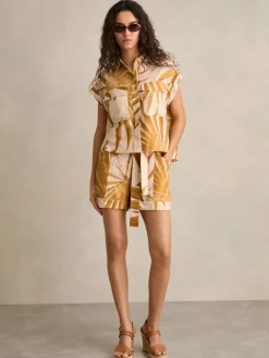 Reiss Neutral Avril Palm Print Belted Shorts
