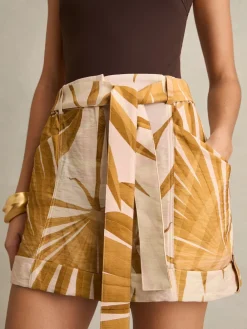 Reiss Neutral Avril Palm Print Belted Shorts