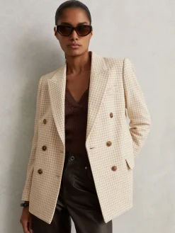 Reiss Neutral Check Bella Double Breasted Check Blazer With Wool New