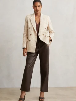 Reiss Neutral Check Bella Double Breasted Check Blazer With Wool New