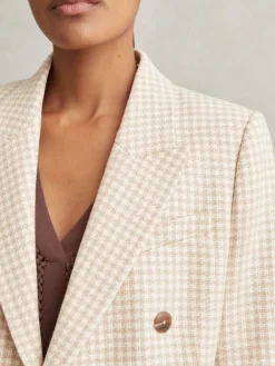 Reiss Neutral Check Bella Double Breasted Check Blazer With Wool New
