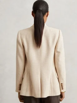 Reiss Neutral Check Bella Double Breasted Check Blazer With Wool New