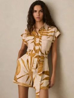 Reiss Neutral Harri Palm Print Belted Playsuit Hot