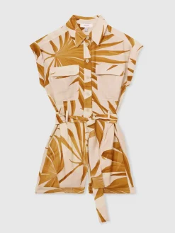 Reiss Neutral Harri Palm Print Belted Playsuit Hot