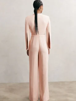 Reiss Pale Pink Evora Plunge-Neck Split-Sleeve Jumpsuit Best