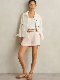 Reiss Beau Linen Pleat-Front Belted Shorts Pink Outlet