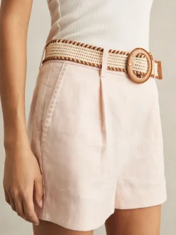 Reiss Beau Linen Pleat-Front Belted Shorts Pink Outlet