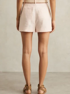 Reiss Beau Linen Pleat-Front Belted Shorts Pink Outlet