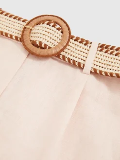 Reiss Beau Linen Pleat-Front Belted Shorts Pink Outlet