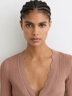 Reiss Vinny Rib-Knit Scallop-Trim Cardigan Pink Discount