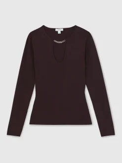 Reiss Tilly Chain-Detail Keyhole Knit Top Plum Clearance