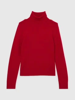 Reiss Corrine Wool Epaulette Roll-Neck Jumper Red Sale