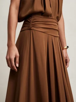Reiss Tan Brown Saffron Jersey Ruched-Waist Maxi Skirt New