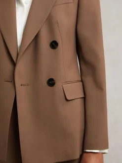 Reiss Tan Solene Wool-Blend Double-Breasted Suit Blazer New