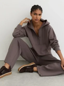 Reiss Taupe Brown Lockie Premium Interlock Half-Zip Hoodie Hot