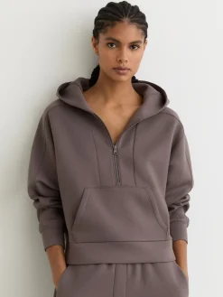 Reiss Taupe Brown Lockie Premium Interlock Half-Zip Hoodie Hot