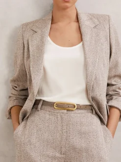 Reiss Chaya Suede Elongated-Buckle Skinny Belt Taupe