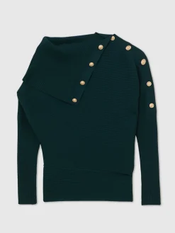 Reiss Lexi Rib-Knit Button Shawl Jumper Teal Blue Best