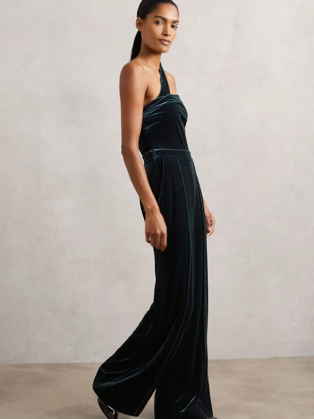 Reiss Daria Velvet One-Shoulder Wide-Leg Jumpsuit Teal Green Outlet