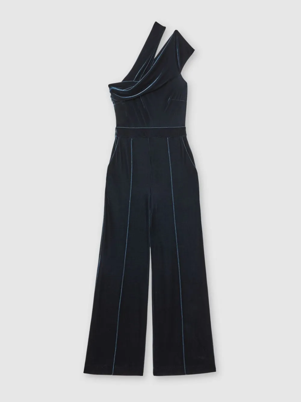 Reiss Daria Velvet One-Shoulder Wide-Leg Jumpsuit Teal Green Outlet
