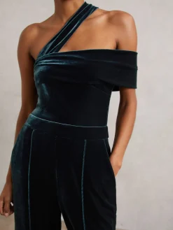 Reiss Daria Velvet One-Shoulder Wide-Leg Jumpsuit Teal Green Outlet