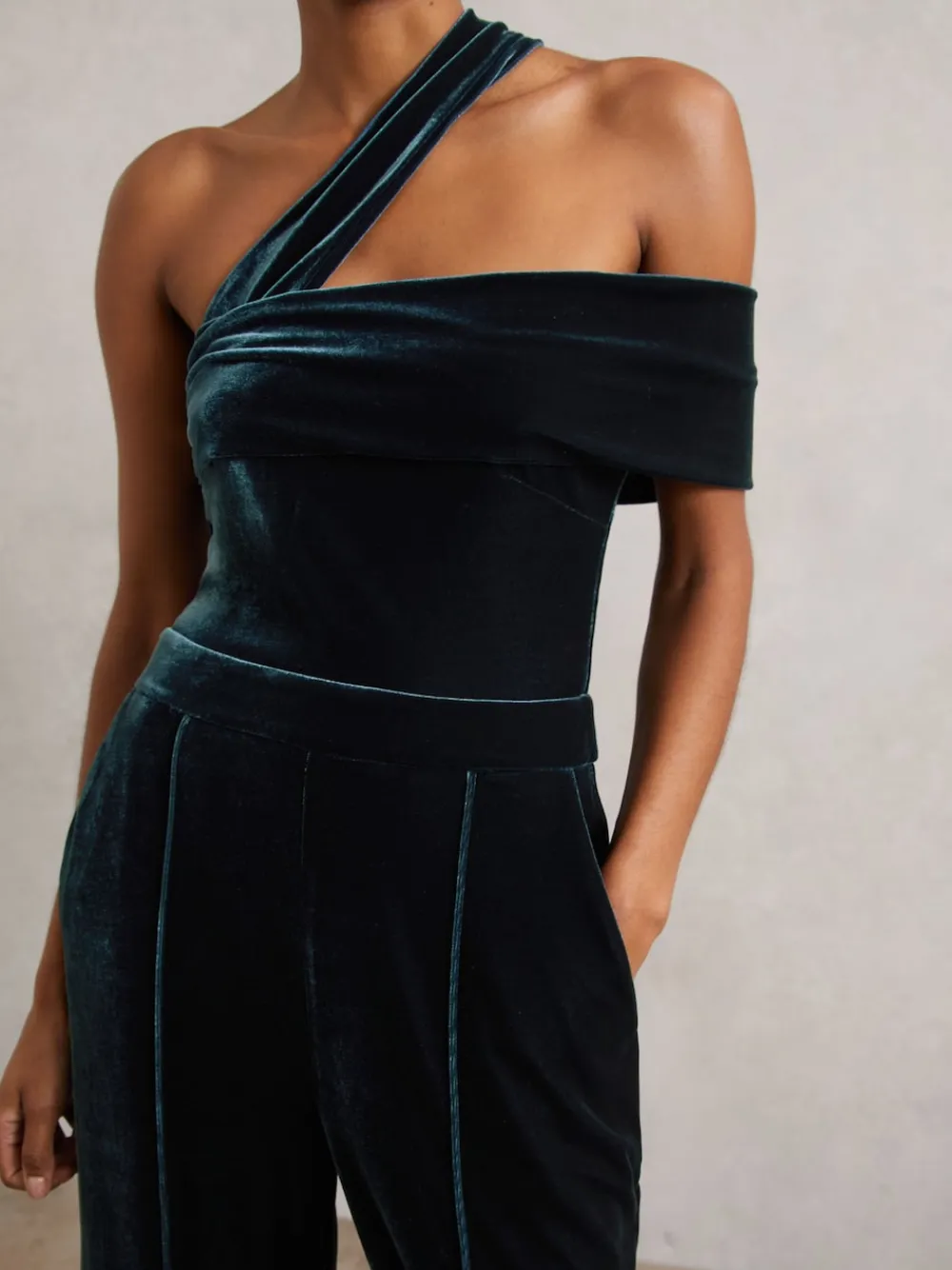 Reiss Daria Velvet One-Shoulder Wide-Leg Jumpsuit Teal Green Outlet