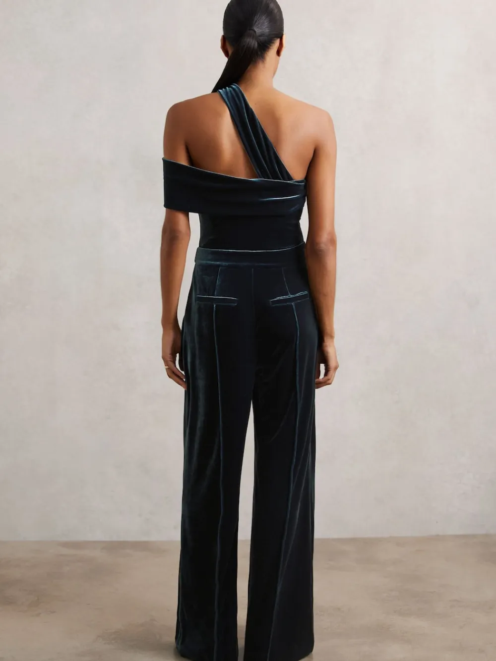 Reiss Daria Velvet One-Shoulder Wide-Leg Jumpsuit Teal Green Outlet