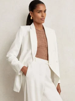 Reiss White Devon Linen-Blend Double-Breasted Suit Jacket Clearance
